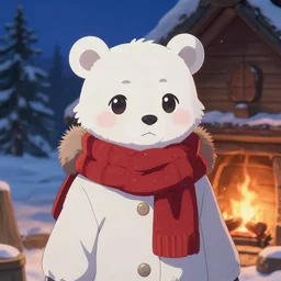 character portrait of a female anthro polar bear fursona and a cute beautiful attractive detailed furry face wearing stylish cute winter clothes in a cozy winter cabin at dusk by firelight. hidari, color page, tankoban, 4K, tone mapping, Akihiko Yoshida.