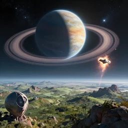 alien world, beautiful landscape, digital art, space in the sky, planet ring, spaceship, explosion further away