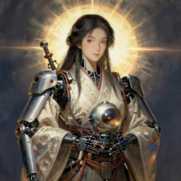Hiroshige portrait of a robot saint made of cables and robotic pod by Frank Frazetta