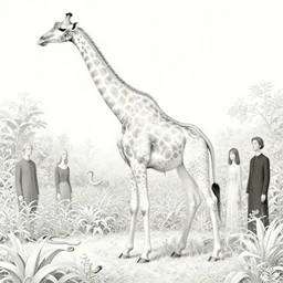 a still frame illustration of a white giraffe slowly morphing into a snake, in a middle of a white plant garden, sky is white by quint buchholz, cheng hsiao - ron, wes anderson, fujita goro, edward hopper, rene magritte, simon stalenhag, fine details, ornate, simon stalenhag and henry rousseau
