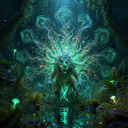 creature in a lush underwater vegetation, water reflection, night, backlit, bioluminescent bioluminescent bioluminescent : : by michal karcz, daniel merriam, victo ngai and guillermo del toro : : ornate, dynamic, particulate, intricate, elegant, highly detailed, centered, artstation, smooth, sharp focus, octane render, 3 d