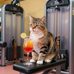 a cat drinking a cocktail with a straw, sitting on the bench of a bodybuilding machine, 8 k, high detail, vibrant colors, digital art