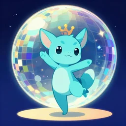 cyan cute spirit axie pet dances under colourful discoball, fantasy, style artstation, studio ghibli, octane render, clean cel shaded vector art, unreal engine 6, epic game graphics, fantasy, conceptual art, ray tracing