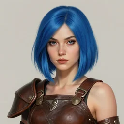 illustrated realistic portrait female prong-horned kobold with blue bob hair and solid dark eyes wearing strap leather armor by rossdraws