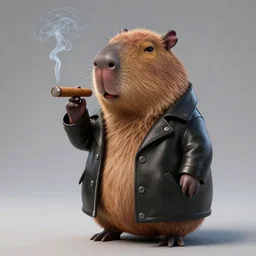 a very detailed cartoon capybara who is wearing a black leather coat and is smoking a cigar, 3D render