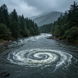 a river in the foreground with a whirlpool, in the background a forest and mountains, rain. horror atmosphere, realism