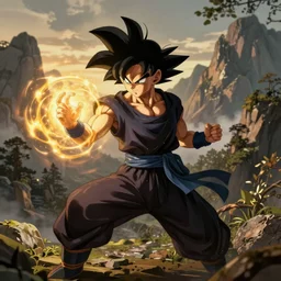 Goku, Female Mage conjuring a spell, realistic, ultra detailed, menacing, powerful, dark, golden hour, forest, mountains in the background concept art Ross Tran