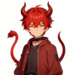 a red haired boy with golden eyes and demon horns and a spiked tail. By Steven Belledin