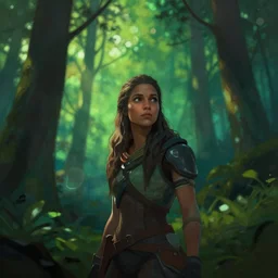 distant portrait of aloy from horizon zero dawn, long loose hair, green forest, tall trees, digital art, intense colors, chiarioscuro, dappled light, visible paint, bokeh by loish, by wlop