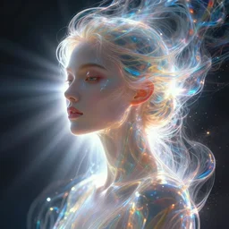 a frontal face portrait of transparent and beautiful elegant entity dissolving in to light, refractive light, caustics, backlit, incredible lighting, strong rim light, highly detailed, god rays, digital painting, HDRI, by Alvaro Castagnet, Peter Mohrbacher and Dan Mumford, vivid colors, high contrast, 8k resolution, intricate, photorealistic, smooth