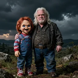 george rr martin in a cartoon with screaming chucky doll