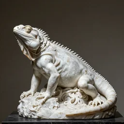 photograph of a sculpture on marble white of a iguana , made from Gian Lorenzo Bernini, artstation, hyper realistic, drammatic light