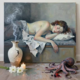 a female artist's apartment, sensual portrait of a woman sleeping, cracked handmade pottery vase, torn paper smouldering smoke, candles, white flowers on the floor, puddle of water, octopus, squashed berries, neo - expressionism, surrealism, acrylic and spray paint and oilstick on canvas