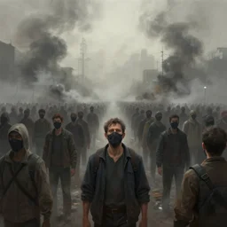 a man suffering due to high air pollution in future, concept art, digital painting, people are wearing masks, wide angle shot, in the style of greg rutwoski, very hyper realistic, highly detailed, fantasy art station