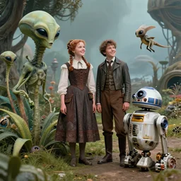 detailed, sharp, a girl and a boy standing next to some alien plants, looking happy, wearing 1850s era clothes, their droid is standing nearby while their small pet alien creature is also hovering nearby, in a park on an alien planet, steampunk, extremely highly detailed, hyperrealistic, highly detailed faces, 70 mm still from a period sci fi movie, 4k, HD