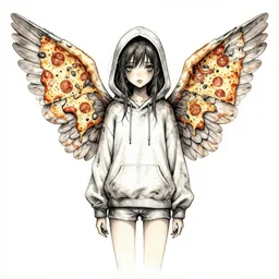 portrait of a grungy fairy girl, wearing a hoodie and sweatpants, symmetrical wings, wings made of pizza, basic white background, symmetrical, watercolor, pen and ink, intricate line drawings, by Yoshitaka Amano, Ruan Jia, Kentaro Miura, Artgerm, detailed, trending on artstation, hd, masterpiece,