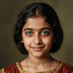 a renaissance portrait of a beautiful indian girl with large, mysterious green eyes, smiling with tears on her cheeks