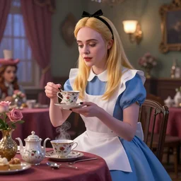 elle fanning as alice in wonderland mad hatters tea party, unreal engine max vram, volumetric lighting