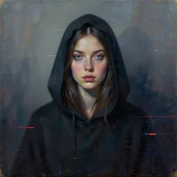 portrait of a hooded beautiful women wearing a, mysterious, shadows, by Guy Denning, by Johannes Itten, by Russ Mills, glitch art, hacking effects, chromatic, color blocking, oil on canvas, concept art, abstract