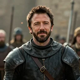still frame from a movie, close up of an relieved ben affleck in a 15th century knight suit, centerframe, medieval background, rule of third, alexa 65, cooke prime 85mm, cinematic, film grain, flare