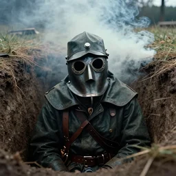 smoke,!!! colored photography, wwi plague doctor crow mask over a dug out trench, dramatic light, zdzidaw, ultrafine, hyperrealistic, 3 2 k, 3 5 mm film still, movie