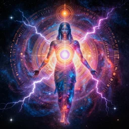 full body cosmic god, the core of consciousness, chakras, galaxy, stars, spirals, ancient, lightining, vivid colours, hieroglyphs, symbols evolving consciousness, eyes, unreal enigne 5