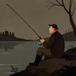 retro dark vintage sci-fi, 2D matte illustration, old fisherman fishing, art by Szukalski, Beksinski