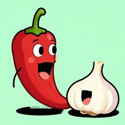 a cartoon drawing of a chilli pepper with a human mouth talking to a piece of garlic with a human mouth