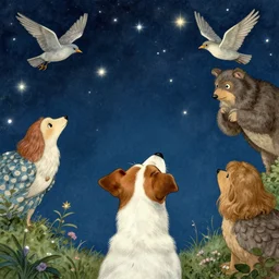 jack russel looking up an talking!!!, birds eye view, surrounded by stars, at night time, stars, illustrated by peggy fortnum and beatrix potter and wayne barlow and sir john tenniel