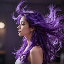 woman with flowing long purple realistic hair like from a shampoo commercial side profile with an epic hair flip, camera facing the left side, centered, in the style of wlop, artgerm, yasutomo oka, yuumei, rendered in redshift octane, digital art dynamic dramatic lighting, bokeh, imagine fx, artstation, cgsociety, zbrush central,