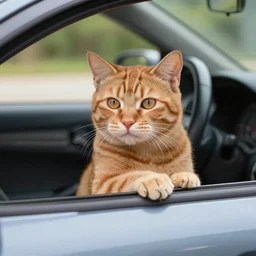 an orange tabby cat driving a car like a human