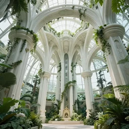 interior of towering futuristic aviary, plants and vines, white stone arches, pillars, scifi, beautiful, low angle photography, looking up, ornate, elegant design, artstation, soft lighting,
