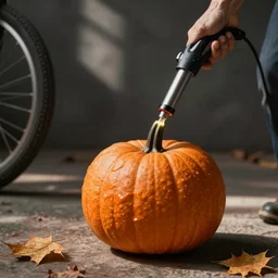 a pumpkin being inflated with a bike pump