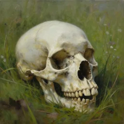 beautiful atmospheric painting of decaying bones. in a meadow