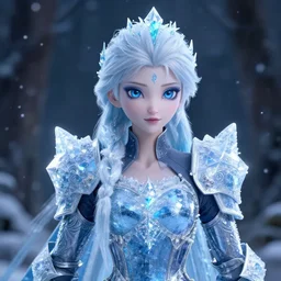 portrait focus of knight beautiful 3D anime girl, Frozen ice crystal armor wearing, dark forest background, snowing, bokeh, inspired by Masami Kurumada, digital painting, high contrast, unreal engine render, volumetric lighting, high détail