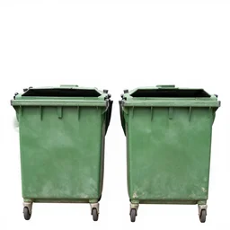 two gigantic beat - up, and worn out green dumpsters against a totally white background