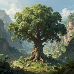 a giant tree in the center of a in immense valley, intricate, highly detailed, digital painting, artstation, concept art, smooth, sharp focus, illustration, cinematic, vfx