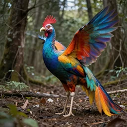 A colorful phoenix full of color in an abandoned forest, photo realistic, 8k