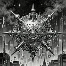 grey and silver tones, Marc Simonetti, Mike Mignola, smooth liquid metal with detailed line work, Mandelbulb, Exquisite detail perfect symmetrical, silver details, hyper detailed, intricate ink illustration, golden ratio, city night, steampunk, smoke, neon lights, starry sky, steampunk city background, liquid polished metal, by peter mohrbacher