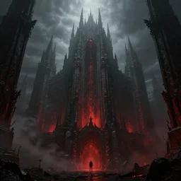 grimdark chaos fortress, ruined, terrifying architecture, looming, dark, fog, atmospheric red lighting, dark souls, hyperrealistic, artstation