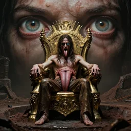 movie still of 4 foveated eyes, on brass throne tongue, in hell pit by liam sharp, wayne d barlowe, alex ross, simon bisley & boris vallejo, enric torres, hyper realism, cinematical, narrative light, muted colors, epic, hyper detailed, awe inspiring, award winning horror, narrative lighting, hyper realism, cinematical