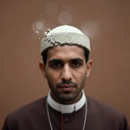 realistic photo of a blurred face of a cleric, standing against a brown wall, bokeh, wearing a head piece made of concrete that crushes his head emitting aura, 1 9 6 0, life magazine photo, natural colors, metropolitan museum, kodak, 8 k, very detailed, high resolution, product photo,