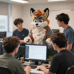 Several people in #dream-26 standing around a computer about to judge my slightly questionable prompts, low key furry