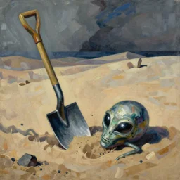 a detailed fauvist painting of a shovel hitting an alien artifact in the sand, graphic novel illustration,