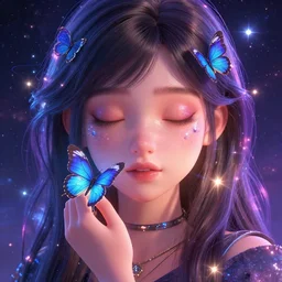 a close pixar head potrait of an cute teenage woman with butterfly in hand, fine details, radiant highlights, synthwave futuristic galaxy style shaded lighting poster by ilya kuvshinov, katsuhiro, artgerm, jeremy lipkin, michael garmash, nixeu, unreal engine 5, radiant light, detailed and intricate environment, eyes closed