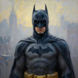 Batman portrait  foggy  painting in at dawn in the city  by  Claude Monet. HD,4k 8k, detailed