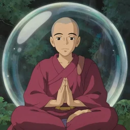 a film still portrait of a mauve old monk meditating inside a cubic bubble in paradise. finely detailed features, closeup at the faces, chronenberg, perfect art, grimdark, trending on pixiv fanbox, painted by studio ghibli