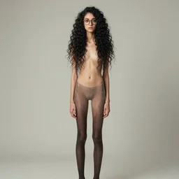 a tall, stick - thin, young woman with long, curly black hair and glasses, gawky figure, phtorealistic
