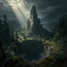 a single tall mountain reaching from a void, an ecological gothic scene, a bewitching darkness, witch runes in the deep forest surrounding the sinkhole, magical clearing, sunshafts, dramatic lighting, dust motes floating in the sunlight, 4 k concept art