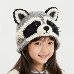 a crocheted raccoon hat, very detailed animal hat, cute details, product photo, promotional image, smiling girl, sharp focus, studio lighting